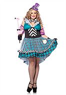Female Mad Hatter, costume dress, ruffles, buttons, checkered pattern, XL to 4XL